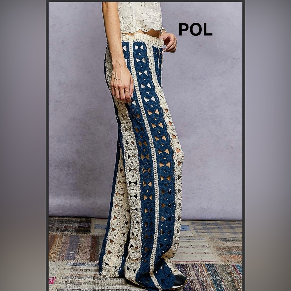 BPB224-9💙🤍NEW! POL preppy+ sassy Blue and Cream Crochet straight leg Pants wow - Picture 3 of 6